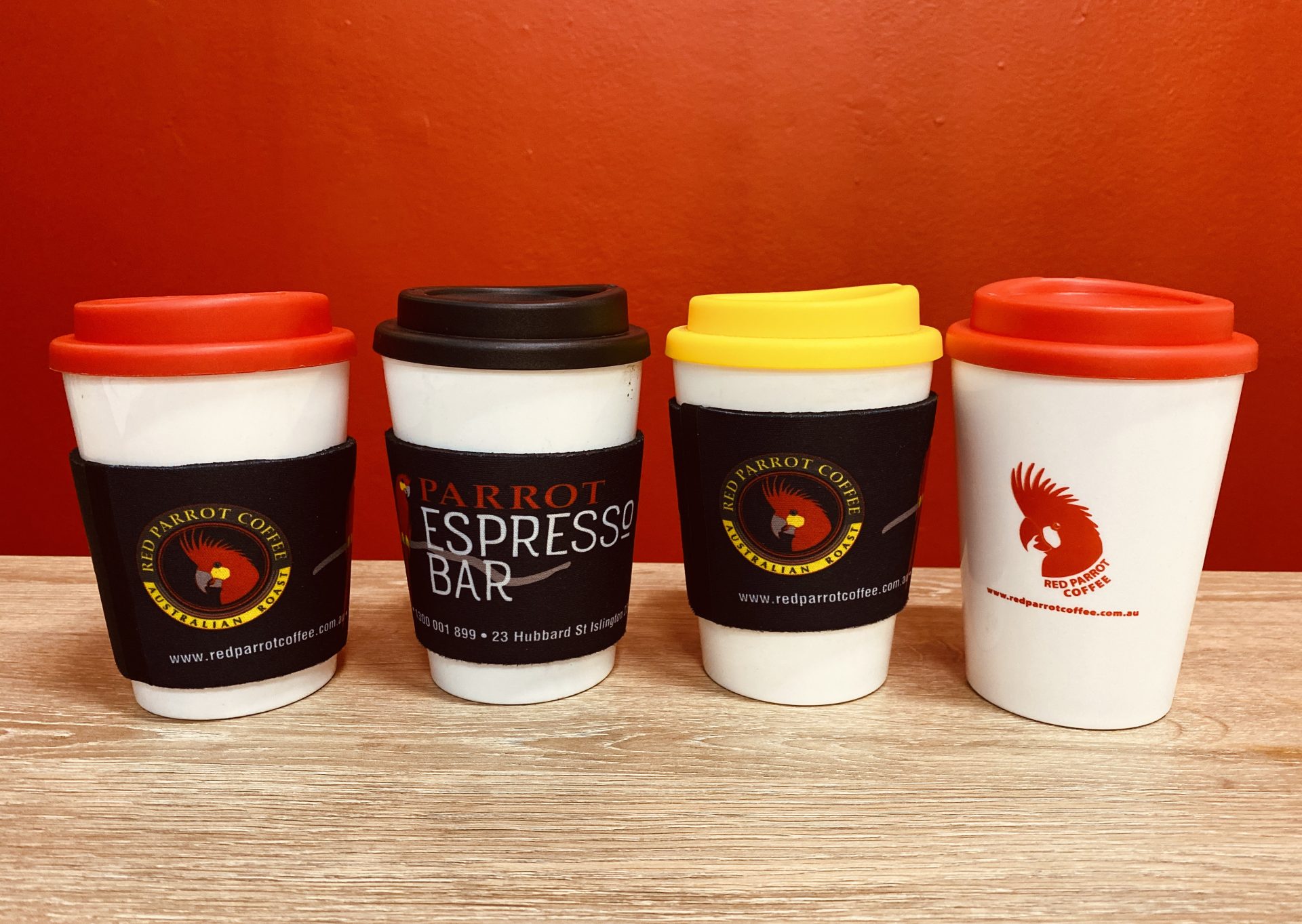 Coffee Keep Cups with Red Parrot - Espresso Bar branding